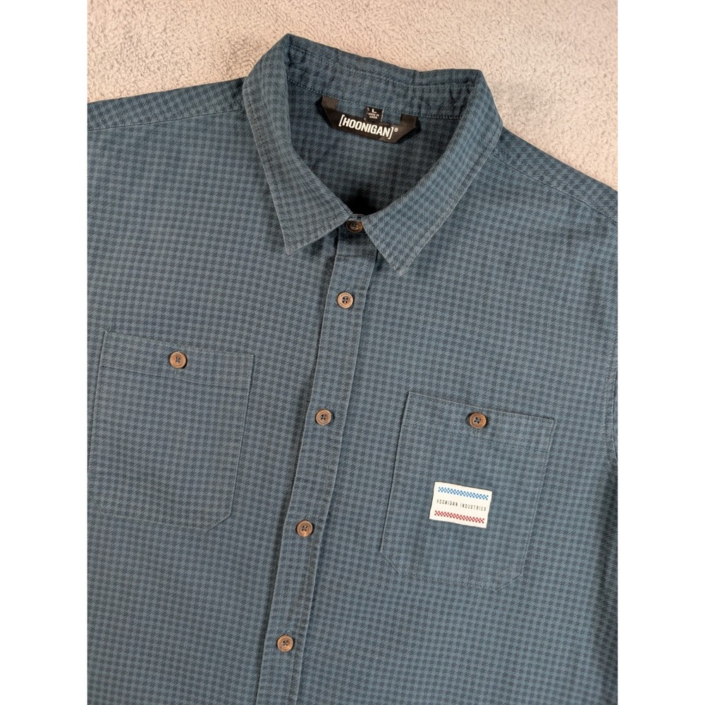 Hoonigan Industries Mens Large Blue Houndstooth Short Sleeve Button Down Shirt